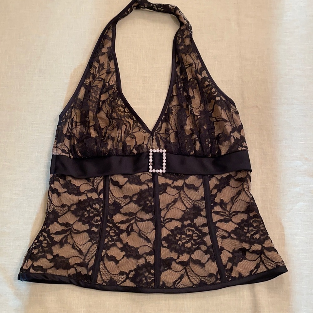 Black lace fully lined with Satin trip, Evening Halter Top by Cache.